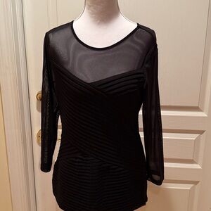 Cache Black Sheer Sleeve Blouse with zipper on the side, elegant design